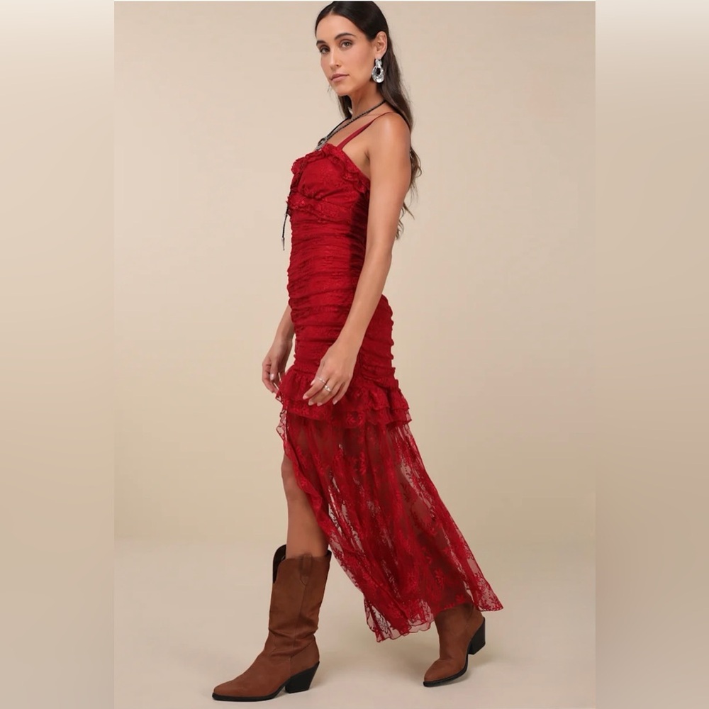 Lulus Red Lace Ruffle Midi Dress High Low Hem Romantic